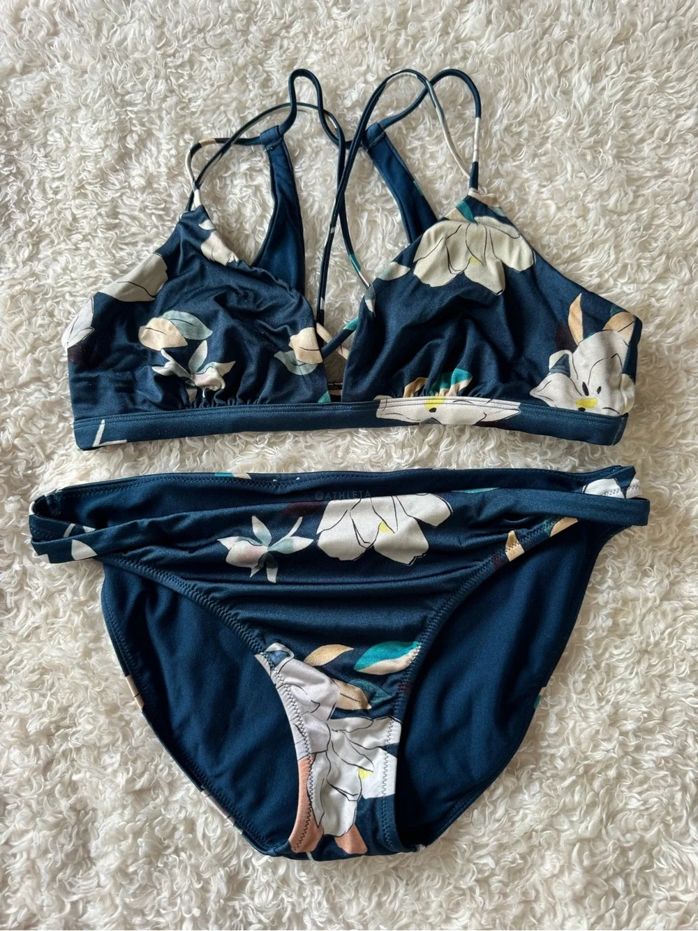 Athleta Aqualuxe Floradora navy blue floral Swimsuit bikini set crisscross top L